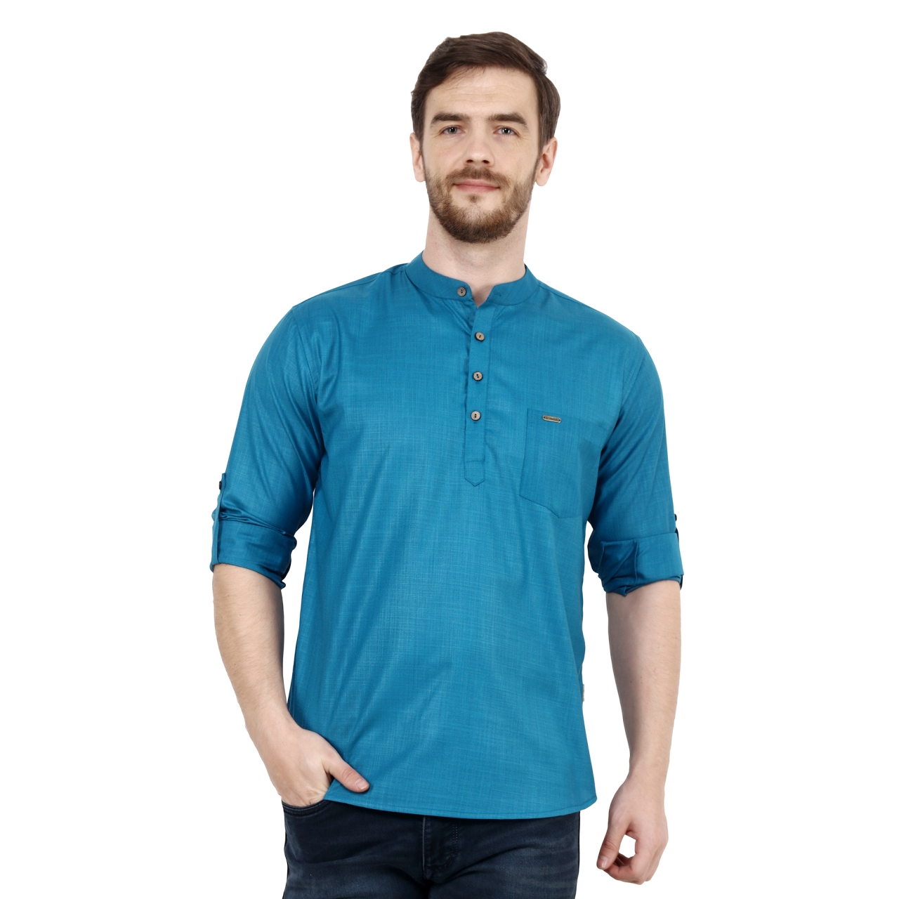 Mens Peacock Blue Short Kurta